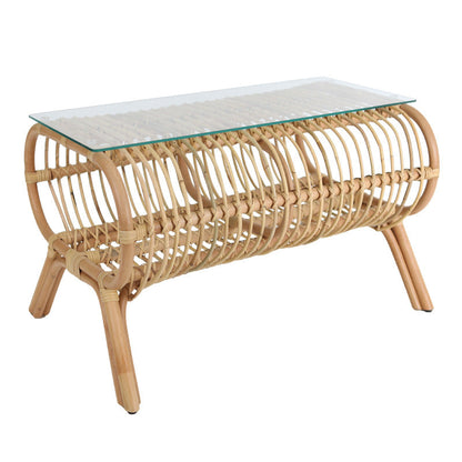 Traditional Japanese Bamboo Rattan Coffee Table With Glass Top - Elongated Profile Side Table For Living Room