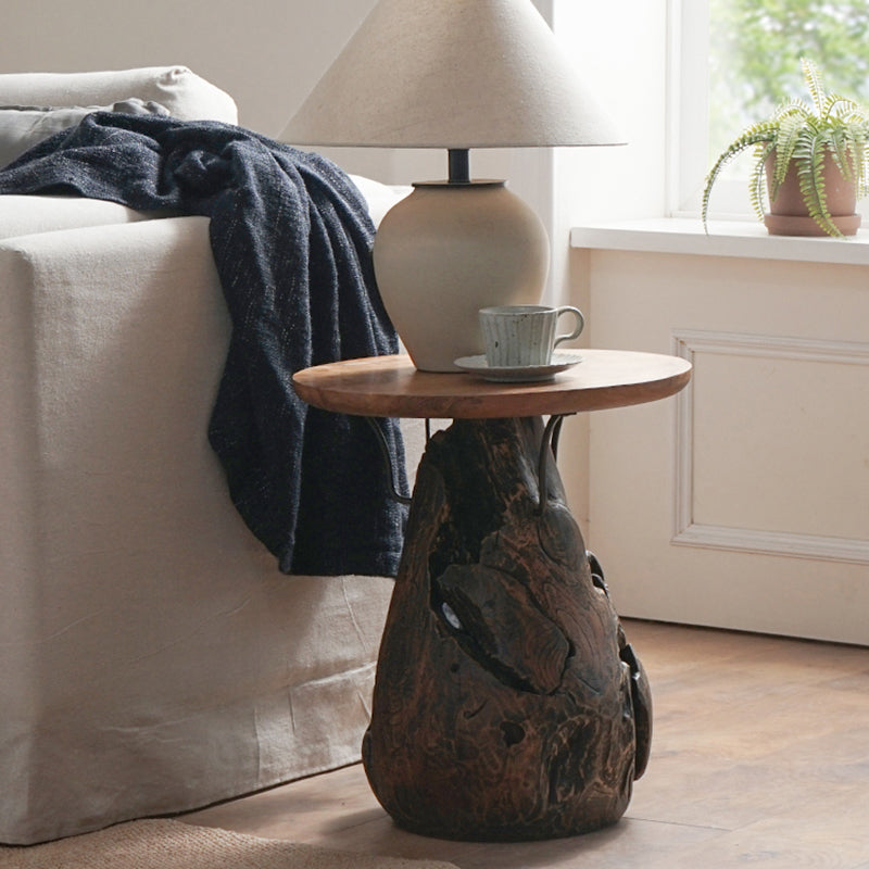 Traditional Chinese Natural Teak Wood Side Table - Hand-Carved Coffee Table For Living Room