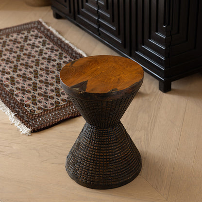 Traditional Sculptural Hourglass Coffee Table - Teak Wood Handmade Statement End Table For Living Room