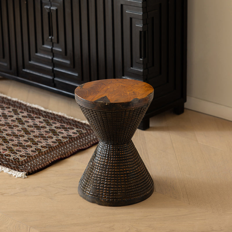Traditional Sculptural Hourglass Coffee Table - Teak Wood Handmade Statement End Table For Living Room