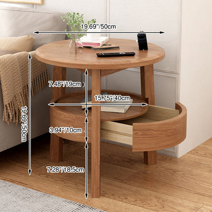 Modern Minimalist Round Rubberwood Plywood Side Table 1-Drawer For Living Room