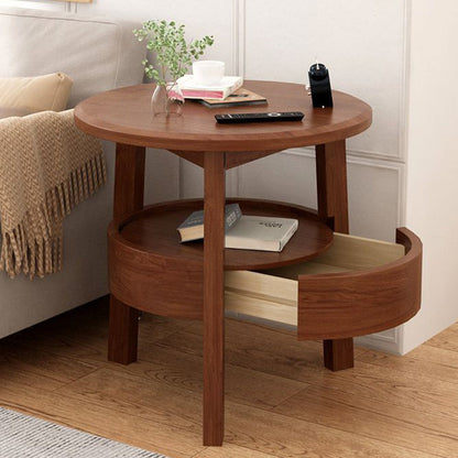 Modern Minimalist Round Rubberwood Plywood Side Table 1-Drawer For Living Room