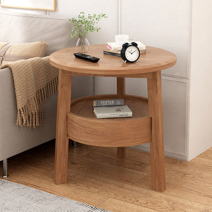 Modern Minimalist Round Rubberwood Plywood Side Table 1-Drawer For Living Room