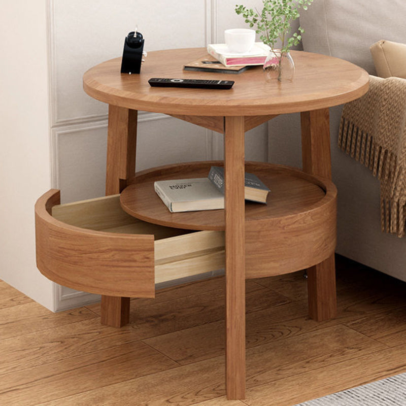 Modern Minimalist Round Rubberwood Plywood Side Table 1-Drawer For Living Room
