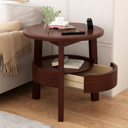 Modern Minimalist Round Rubberwood Plywood Side Table 1-Drawer For Living Room