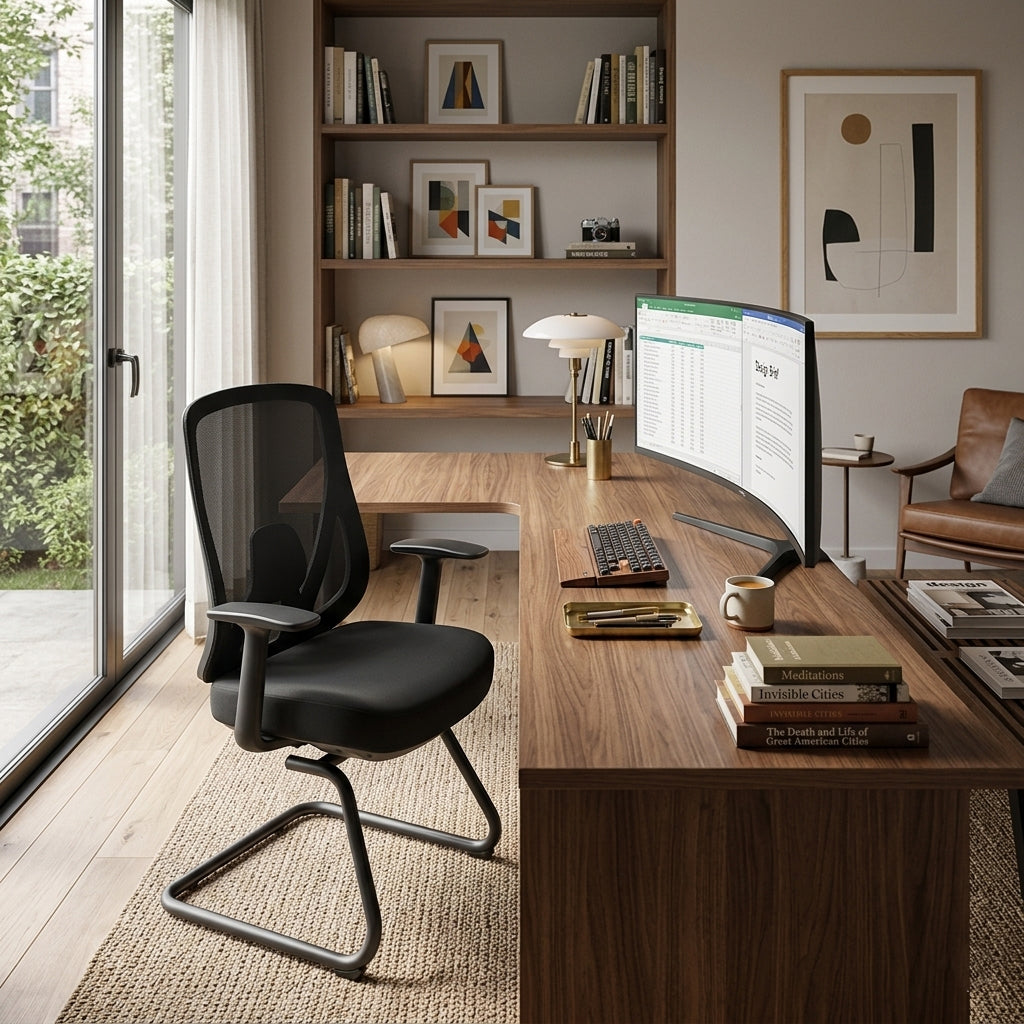 Sleek Minimalist Bow Reception Chair - Breathable Mesh Pressure-Relief Cushion High-Resilience Sponge Desk Chair For Home Office