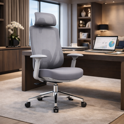 Modern Minimalist Grey High-Back Mesh Executive Chair - 4D Adjustable Headrest & Tilt Ergonomic Office Chair For Home Office