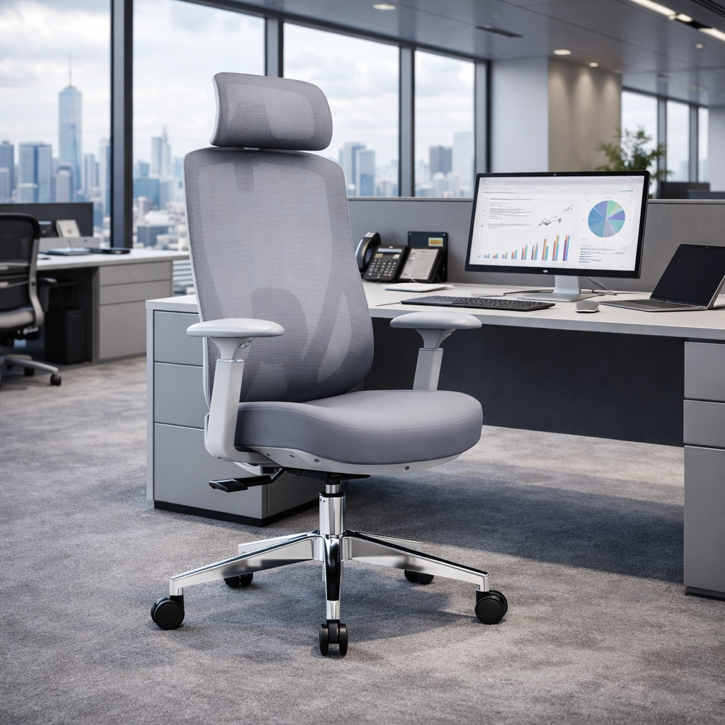 Modern Minimalist Grey High-Back Mesh Executive Chair - 4D Adjustable Headrest & Tilt Ergonomic Office Chair For Home Office