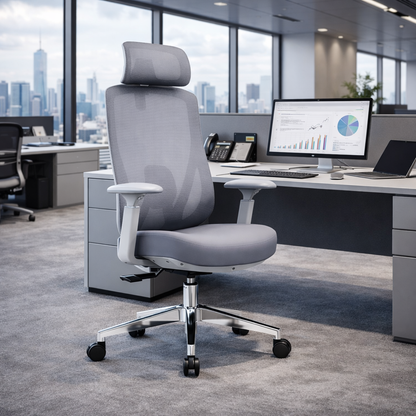 Modern Minimalist Grey High-Back Mesh Executive Chair - 4D Adjustable Headrest & Tilt Ergonomic Office Chair For Home Office