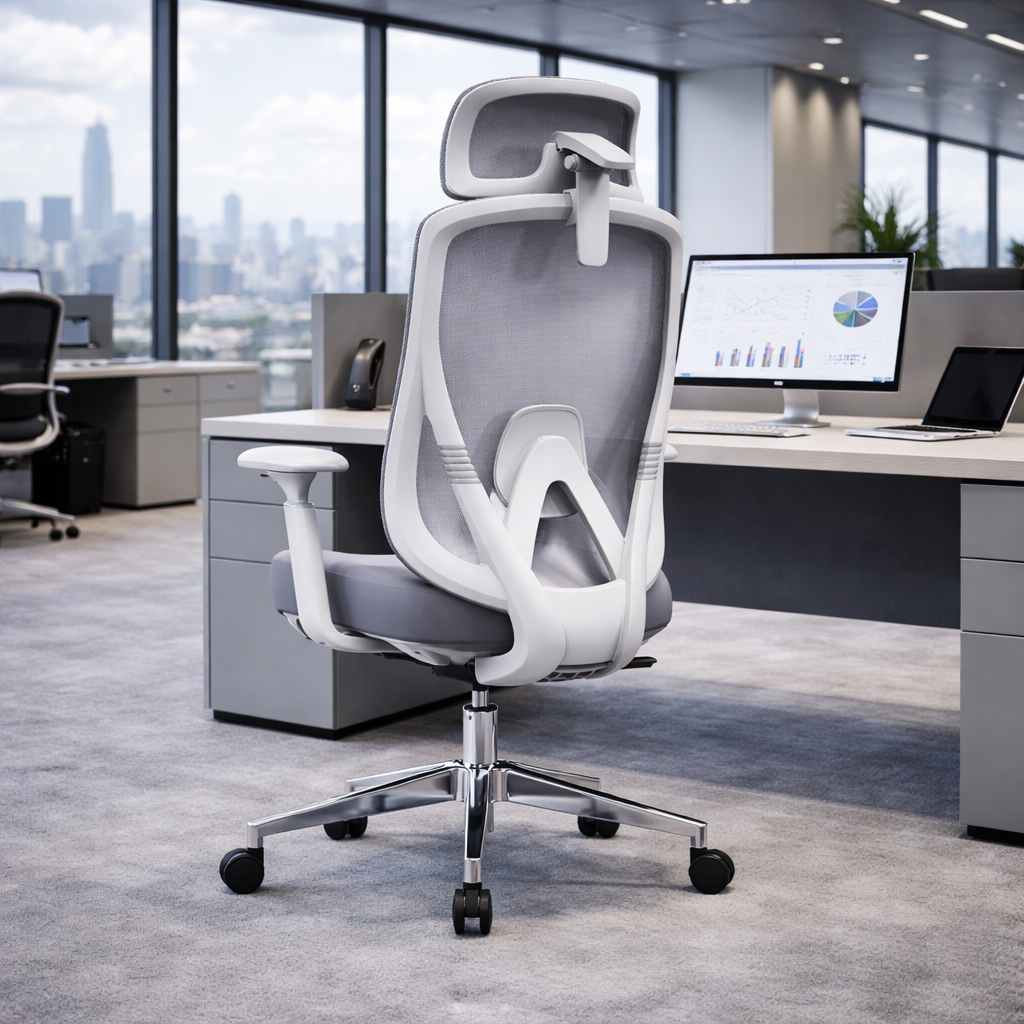 Modern Minimalist Grey High-Back Mesh Executive Chair - 4D Adjustable Headrest & Tilt Ergonomic Office Chair For Home Office
