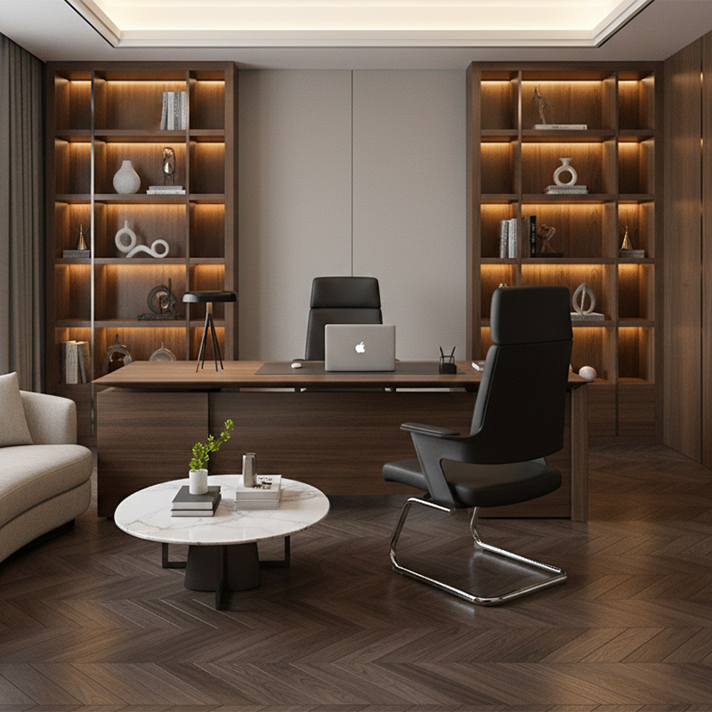 Modern Executive High-Back Black PU Leather Top Grain Leather Desk Chair - Cantilever Office Chair With 180° Swivel & Auto-Return Function For Home Office