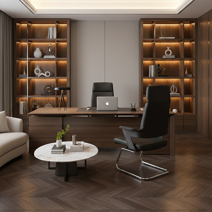 Modern Executive High-Back Black PU Leather Top Grain Leather Desk Chair - Cantilever Office Chair With 180° Swivel & Auto-Return Function For Home Office