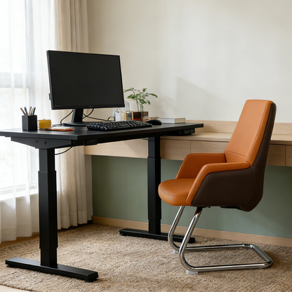 Modern Executive Two-Tone PU Leather Desk Chair - Warm Brown Cantilever Office Chair With Ergonomic Headrest & Chrome Base For Home Office