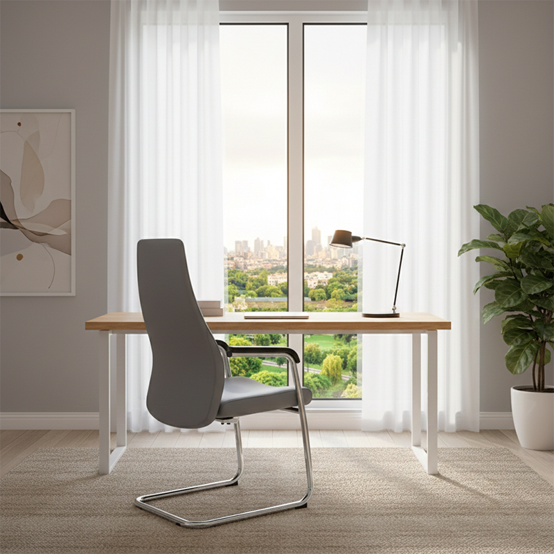 Modern Luxury Executive PU Leather Office Chair With Chrome Sled Base - Ergonomic Support Desk Chair For Home Office