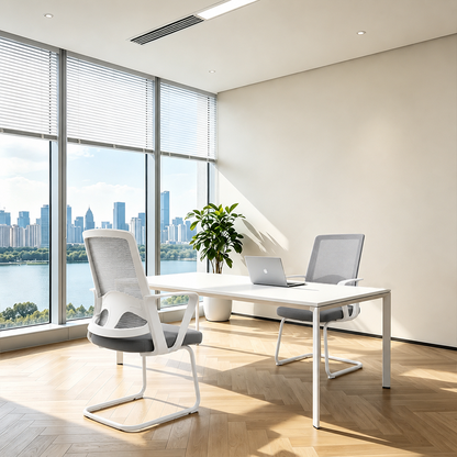 Modern White Mesh Office Chair With Cantilever Steel Frame - Minimalist Ergonomic Support Desk Chair For Home Office