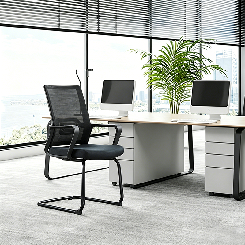 Modern Stylish Black Mesh Office Chair With Integrated Armrest - PP Lumbar Support & Steel Cantilever Desk Chair For Home Office