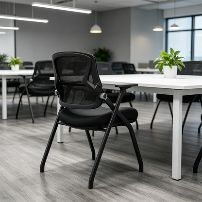 Modern Folding Training Chair With Mesh Back & Flip-Up Seat - Space Saving Desk Chair For Home Office