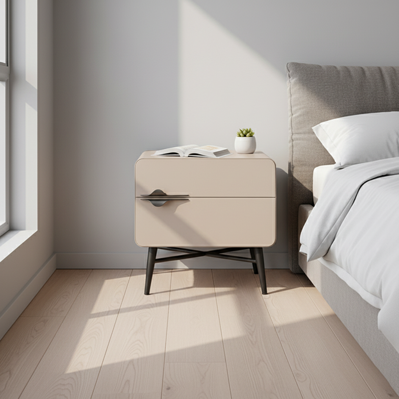 Soft-Hued Nordic Nightstand - Baking Paint Finish Integrated Metal Handle Bedside Table 2-Drawer For Bedroom