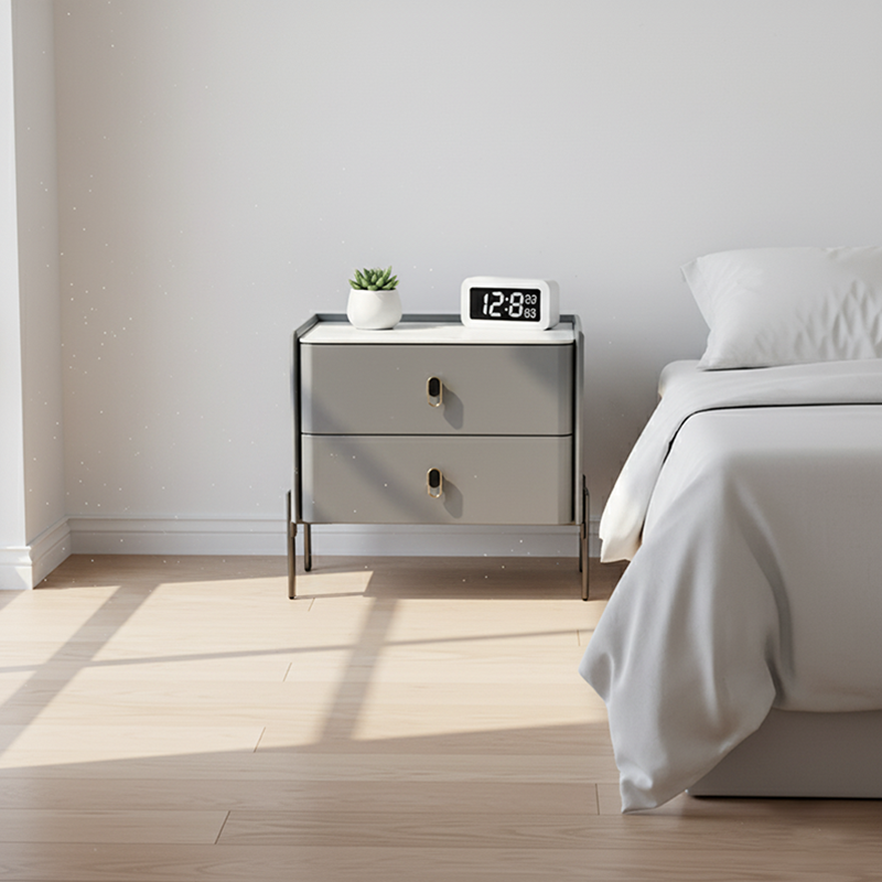Eco-Friendly Scandinavian Nightstand - Rock Slab Tabletop & Corrosion-Resistant Legs Bedside Table 2-Drawer For Bedroom
