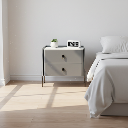 Eco-Friendly Scandinavian Nightstand - Rock Slab Tabletop & Corrosion-Resistant Legs Bedside Table 2-Drawer For Bedroom