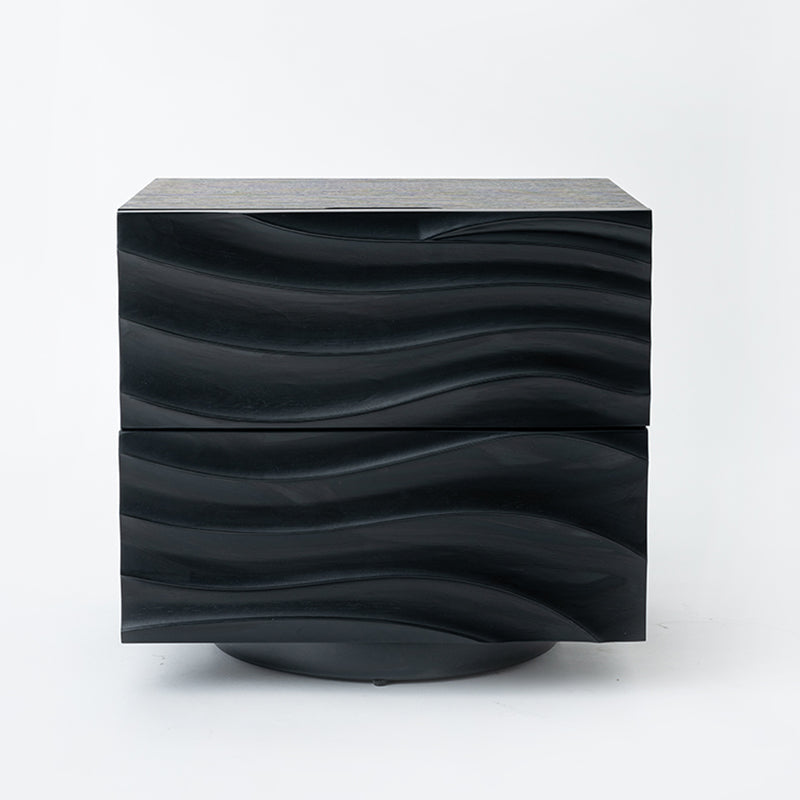 Romantic French Nightstand - Wave-Patterned Surface Solid Wood Multi-Layer Board Bedside Table 2-Drawer For Bedroom