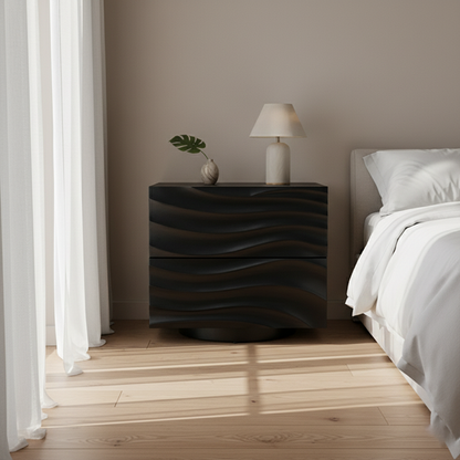 Romantic French Nightstand - Wave-Patterned Surface Solid Wood Multi-Layer Board Bedside Table 2-Drawer For Bedroom