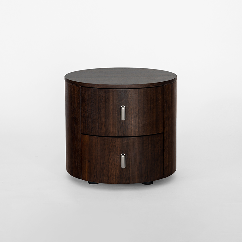 Eco-Friendly Vintage Nightstand - Soft-Edged Design Smoked Wood Veneer Bedside Table 2-Drawer For Bedroom & Living Room
