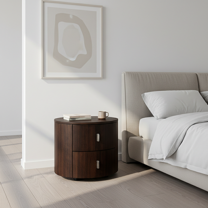 Eco-Friendly Vintage Nightstand - Soft-Edged Design Smoked Wood Veneer Bedside Table 2-Drawer For Bedroom & Living Room