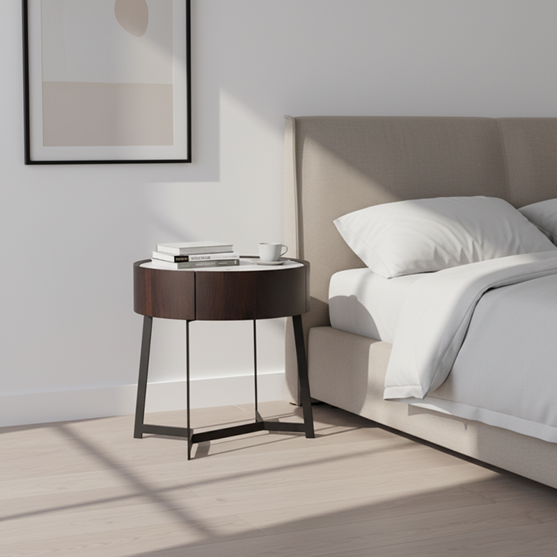 Cool Industrial Bedside Table - Eco-Friendly Material & Scratch-Resistant Sintered Stone Top Nightstand 1-Drawer For Bedroom