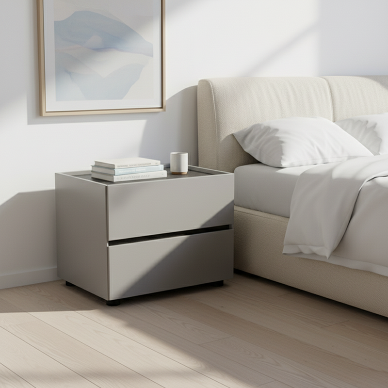 Sleek Smoked Wood Veneer Bedside Cabinet - Minimalist Non-Toxic Material Nightstand 2-Drawer For Bedroom