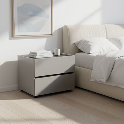 Sleek Smoked Wood Veneer Bedside Cabinet - Minimalist Non-Toxic Material Nightstand 2-Drawer For Bedroom