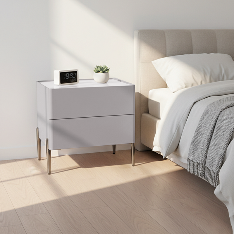 Sleek Minimalist Nightstand - Built-In Wireless Charging Bedside Table 2-Drawer For Bedroom & Living Room