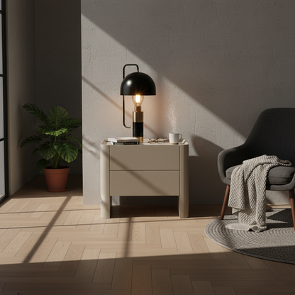 Traditional French Bedside Table - Rock Slab Tabletop & Light Vibe Nightstand 2-Drawer For Bedroom