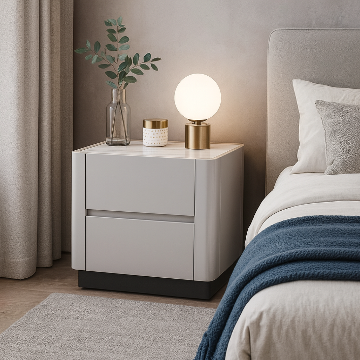 Traditional French Rounded Corners Bedside Table - Solid Wood Plywood 2 Drawers Nightstand For Bedroom