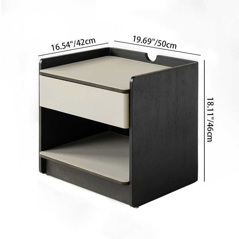 Contemporary Curved Edge Saddle Leather Bedside Table - Open Storage 1 Drawer Nightstand For Bedroom