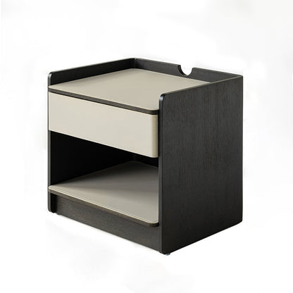 Contemporary Curved Edge Saddle Leather Bedside Table - Open Storage 1 Drawer Nightstand For Bedroom