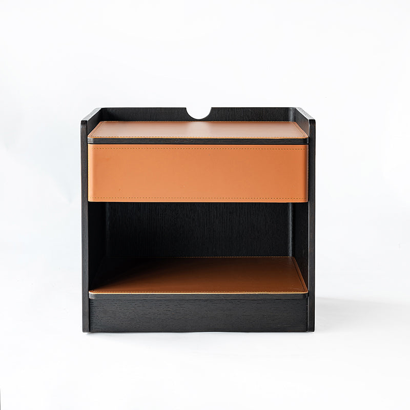 Contemporary Curved Edge Saddle Leather Bedside Table - Open Storage 1 Drawer Nightstand For Bedroom