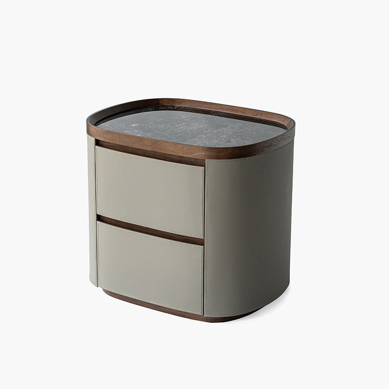 Modern Luxury Rounded Edge Bedside Cabinet - Saddle Leather 2 Drawer Nightstand For Bedroom