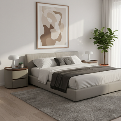 Modern Luxury Rounded Edge Bedside Cabinet - Saddle Leather 2 Drawer Nightstand For Bedroom