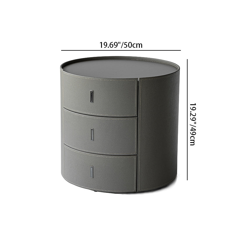 Contemporary Scandinavian Microfiber Leather Bedside Table - Cylindrical 3 Hidden Drawers Nightstand For Bedroom