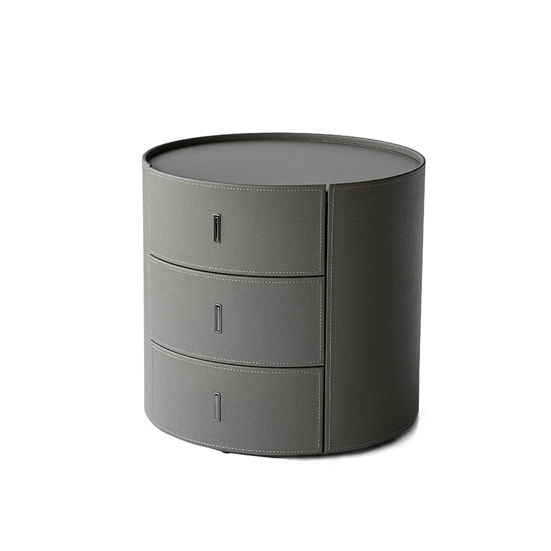 Contemporary Scandinavian Microfiber Leather Bedside Table - Cylindrical 3 Hidden Drawers Nightstand For Bedroom