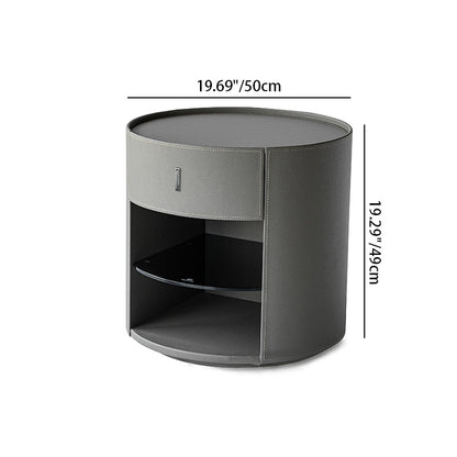 Contemporary Circular Round Bedside Table - Microfiber Leather 1 Drawer Nightstand For Bedroom