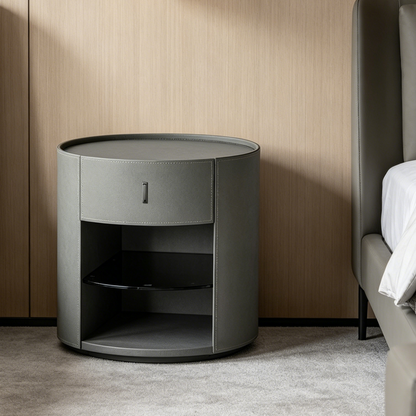 Contemporary Circular Round Bedside Table - Microfiber Leather 1 Drawer Nightstand For Bedroom