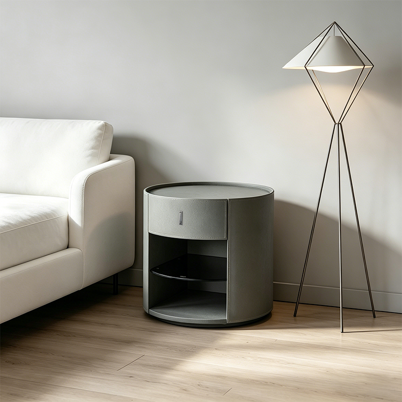 Contemporary Circular Round Bedside Table - Microfiber Leather 1 Drawer Nightstand For Bedroom