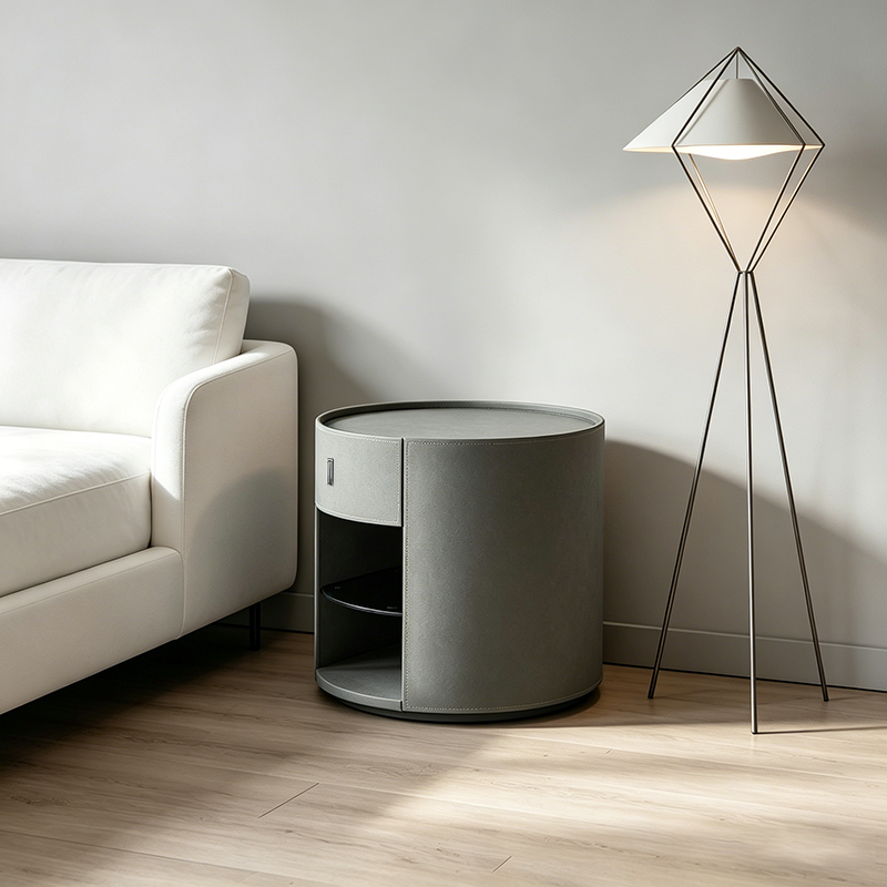 Contemporary Circular Round Bedside Table - Microfiber Leather 1 Drawer Nightstand For Bedroom