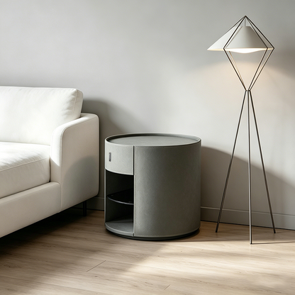 Contemporary Circular Round Bedside Table - Microfiber Leather 1 Drawer Nightstand For Bedroom