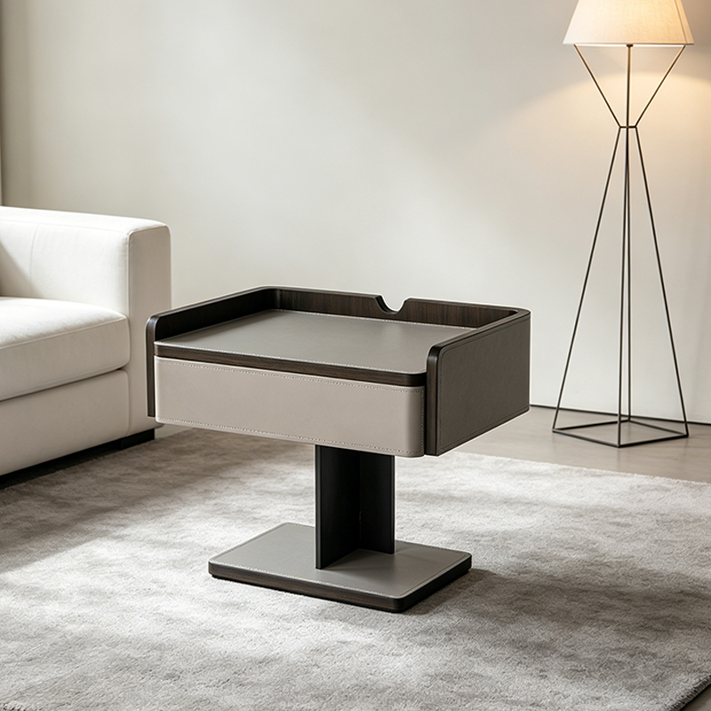 Contemporary Soft-Touch Faux Saddle Leather End Table - Floating 1 Drawer Nightstand For Bedroom