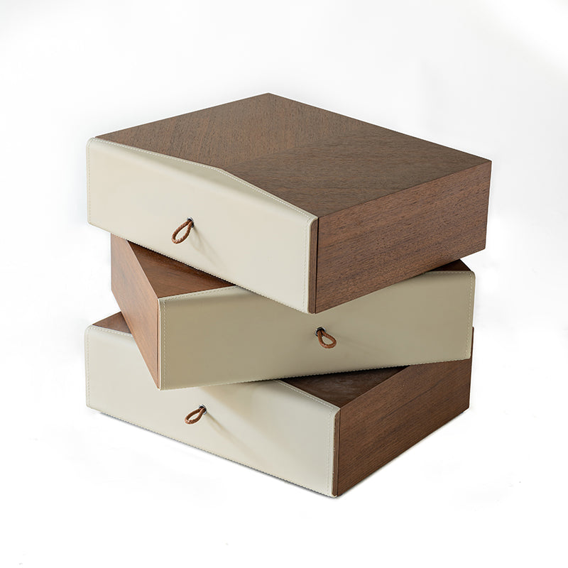 Traditional French Saddle Leather Rotatable Bedside Table - Swivel 3 Drawer Nightstand For Bedroom