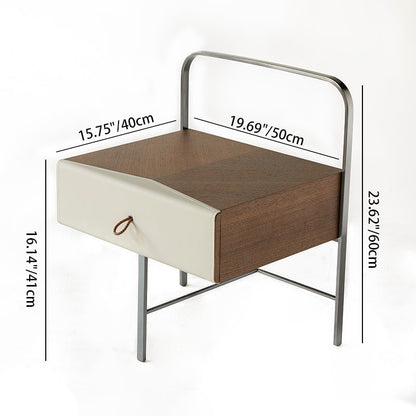 Contemporary Creative Saddle Leather Bedside Table - Square Metal Frame 1 Drawer Nightstand For Bedroom