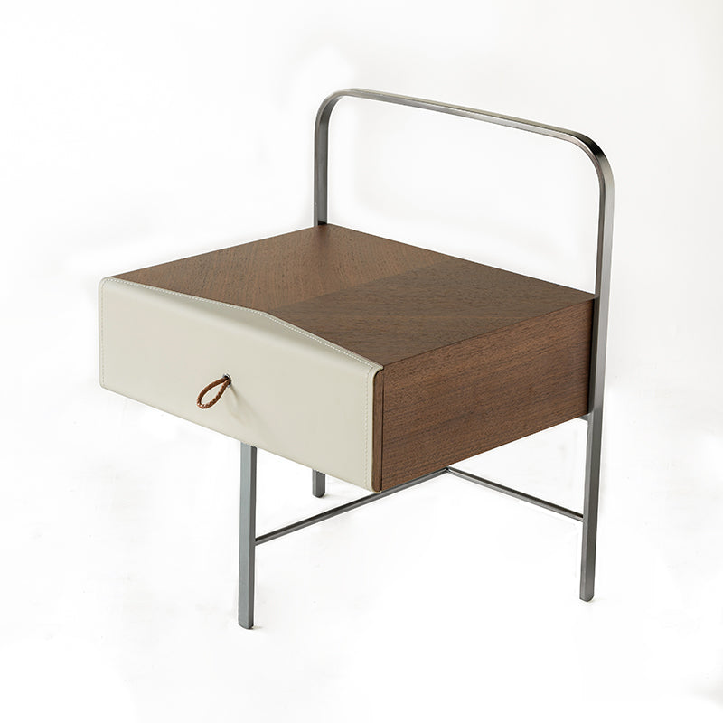 Contemporary Creative Saddle Leather Bedside Table - Square Metal Frame 1 Drawer Nightstand For Bedroom